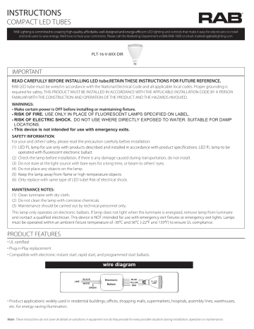 RAB Lighting PLT-16-V-830-DIR Compact Instructions | Manualzz RAB Lighting PLT-16-V-830-DIR Compact Instructions | Manualzz