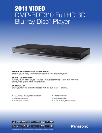 Panasonic DMP-BDT310 Specification Panasonic DMP-BDT310 Specification