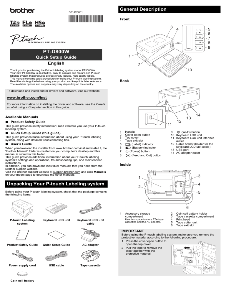 Brother PT-D800W Quick setup guide Brother PT-D800W Quick setup guide