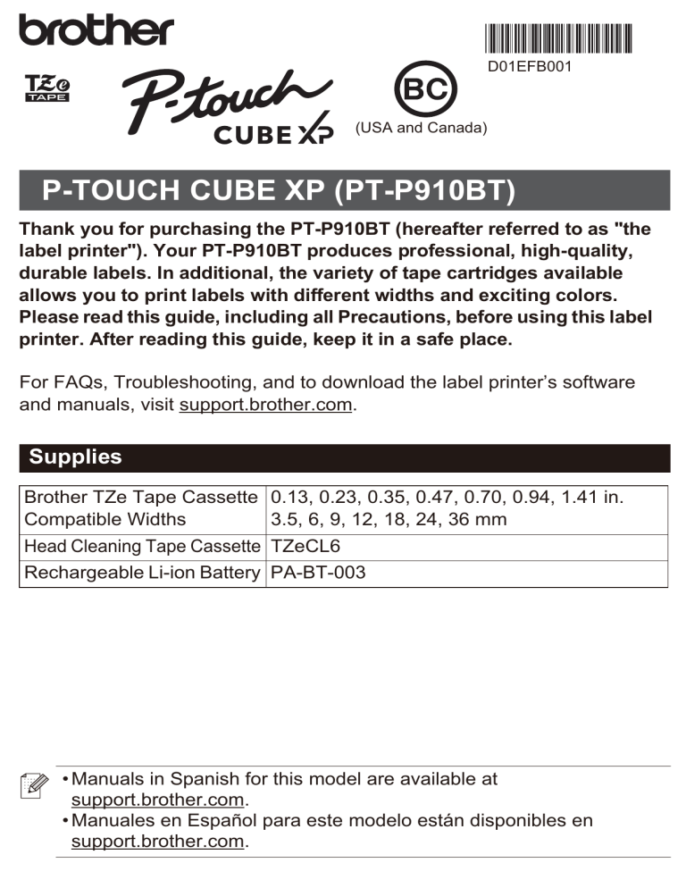 Brother PT-P910BT Quick setup guide Brother PT-P910BT Quick setup guide