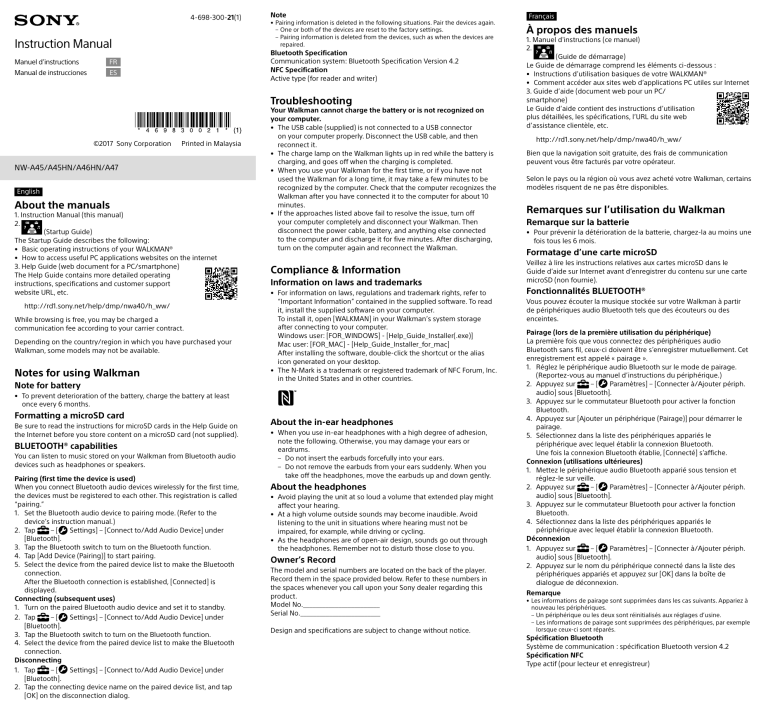 Sony NW-A45 User manual Sony NW-A45 User manual