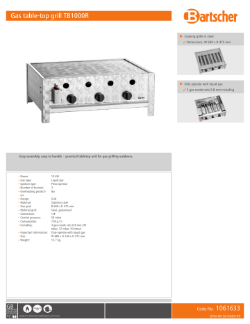 Bartscher 1061633 Gas table-top grill TB1000R Data sheet | Manualzz Bartscher 1061633 Gas table-top grill TB1000R Data sheet | Manualzz