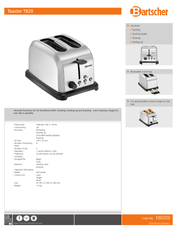 Bartscher 100203 Toaster TB20 Data sheet | Manualzz Bartscher 100203 Toaster TB20 Data sheet | Manualzz