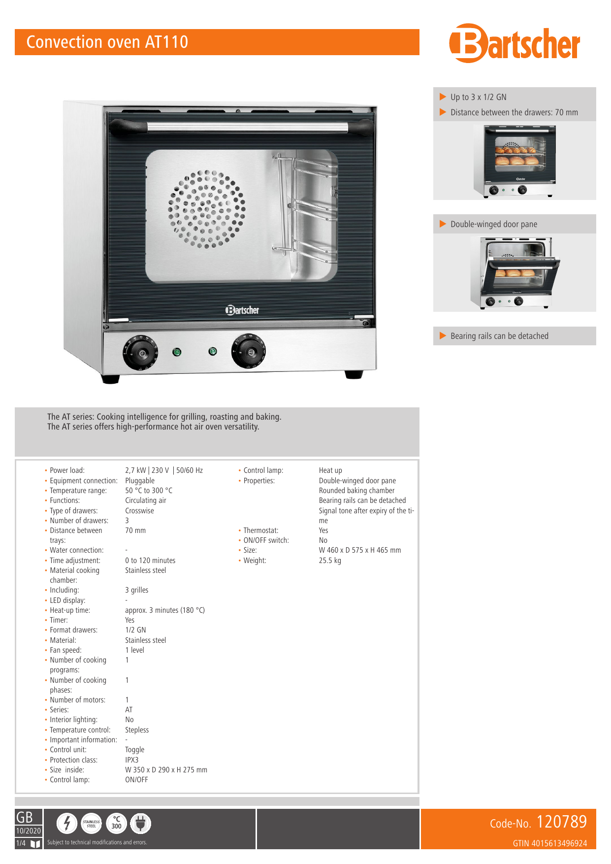 Bartscher 120789 Convection Oven AT110 Data Sheet Manualzz