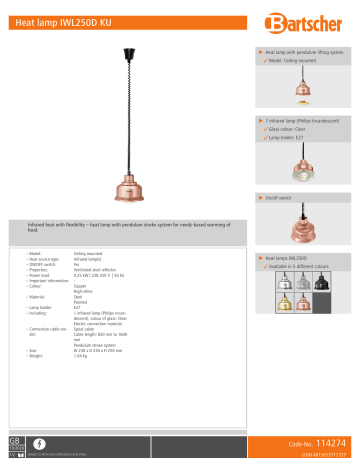 Bartscher 114274 Heat lamp IWL250D KU Data sheet | Manualzz Bartscher 114274 Heat lamp IWL250D KU Data sheet | Manualzz