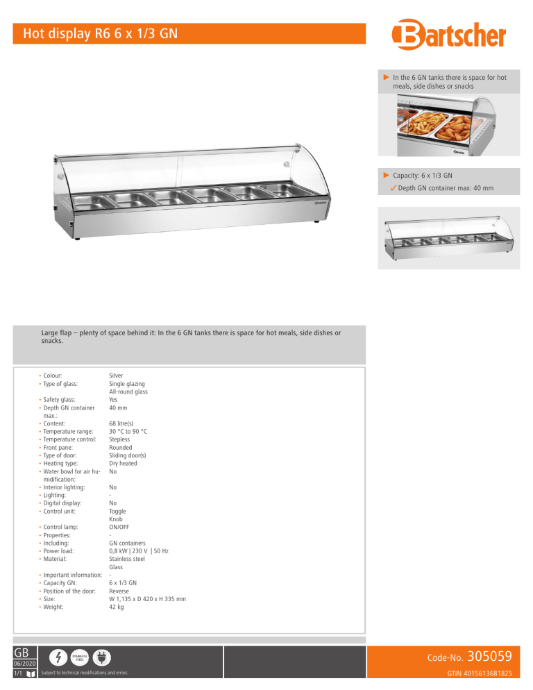 Bartscher 305059 Datasheet Bartscher 305059 Datasheet