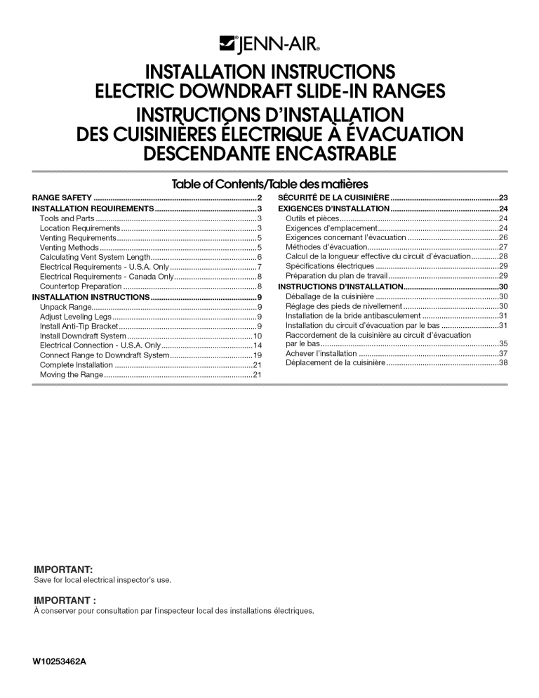 Jenn-Air JES9750CAW00, JES9860CCW00, JES9800CAS00 Installation guide Jenn-Air JES9750CAW00, JES9860CCW00, JES9800CAS00 Installation guide