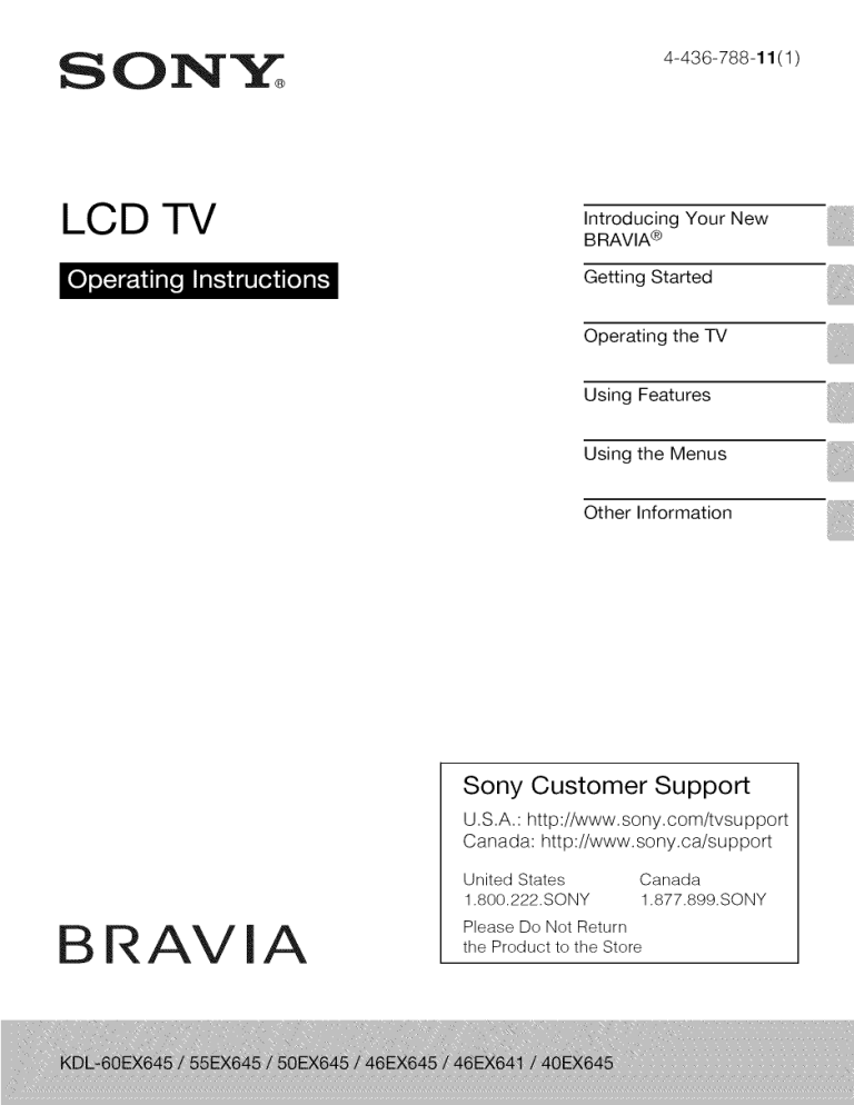 Sony KDL-50EX645, KDL-46EX645 Owner's manual Sony KDL-50EX645, KDL-46EX645 Owner's manual