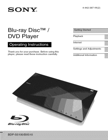 Sony BDP-BX510, BDP-S5100 Owner's manual Sony BDP-BX510, BDP-S5100 Owner's manual