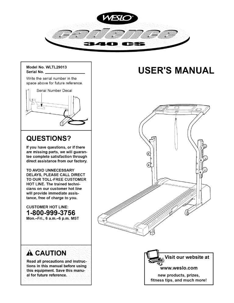 Weslo WCTL25320, WLTL29013, Cadence C32 User manual Weslo WCTL25320, WLTL29013, Cadence C32 User manual