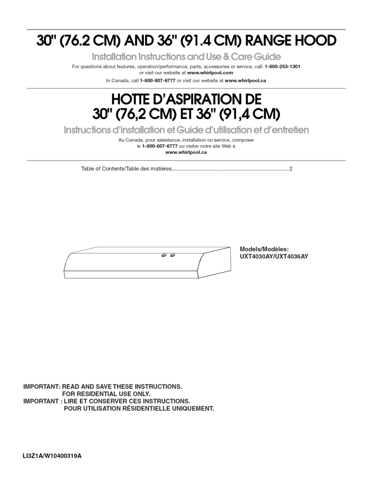 Whirlpool UXT4030AYT0 Owner's manual Whirlpool UXT4030AYT0 Owner's manual