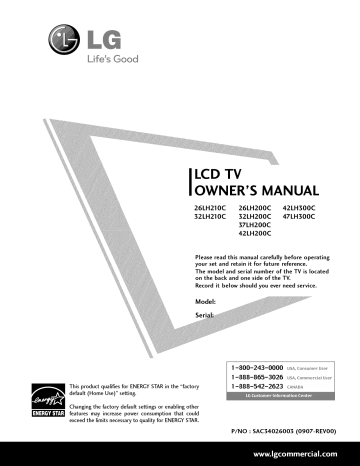 LG 26LH200C LCD Television Owner's Manual | Manualzz