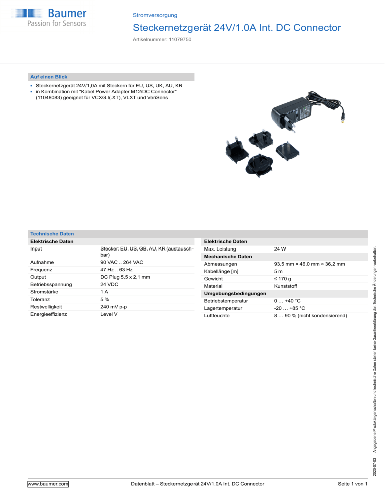 Baumer Power Supply 24V/1.0A Int. DC Connector Datasheet Baumer Power Supply 24V/1.0A Int. DC Connector Datasheet