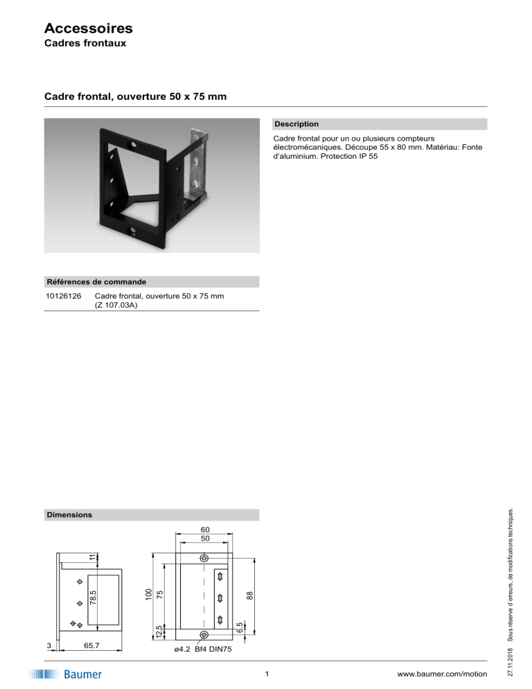 Baumer Front frame, insertion cutout 50 x 75 mm (Z 107.03A) Datasheet Baumer Front frame, insertion cutout 50 x 75 mm (Z 107.03A) Datasheet