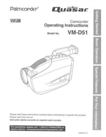 Quasar VMD51 - VHS-C MOVIE CAMERA, Palmcorder VM-D51 User manual Quasar VMD51 - VHS-C MOVIE CAMERA, Palmcorder VM-D51 User manual