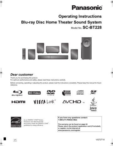 Panasonic SABT228 - BLU-RAY HOME THEATER SOUND SYSTEM, SB-HC480, SB-HF480, SB-HS480, SB-HW480, SCBT228 - BLU-RAY HOME THEATER-EASY, SRX CROSSOVER - 2010 Operating Instructions Manual | Manualzz Panasonic SABT228 - BLU-RAY HOME THEATER SOUND SYSTEM, SB-HC480, SB-HF480, SB-HS480, SB-HW480, SCBT228 - BLU-RAY HOME THEATER-EASY, SRX CROSSOVER - 2010 Operating Instructions Manual | Manualzz