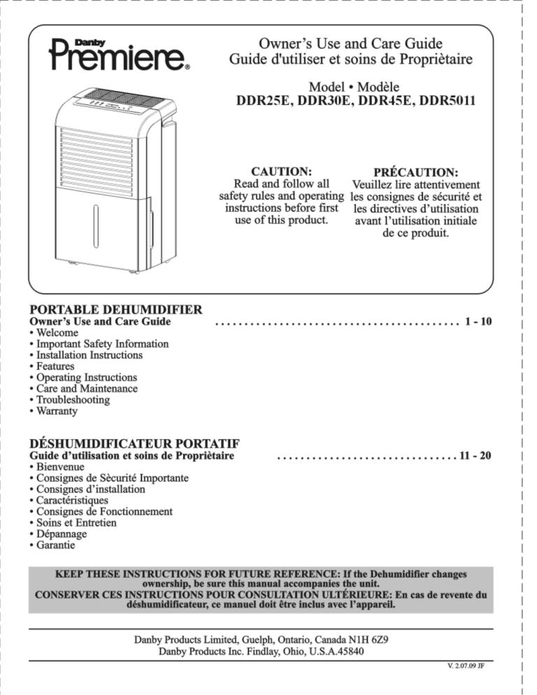 Danby Premiere DDR45E, Premiere DDR5011, Premiere DDR30E, Premiere DDR25E User manual Danby Premiere DDR45E, Premiere DDR5011, Premiere DDR30E, Premiere DDR25E User manual