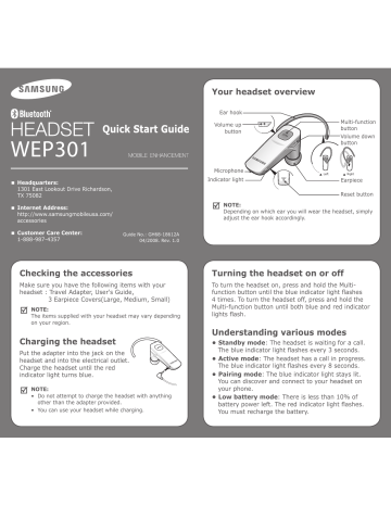 Samsung WEP301 - Headset - Over-the-ear Quick start guide Samsung WEP301 - Headset - Over-the-ear Quick start guide