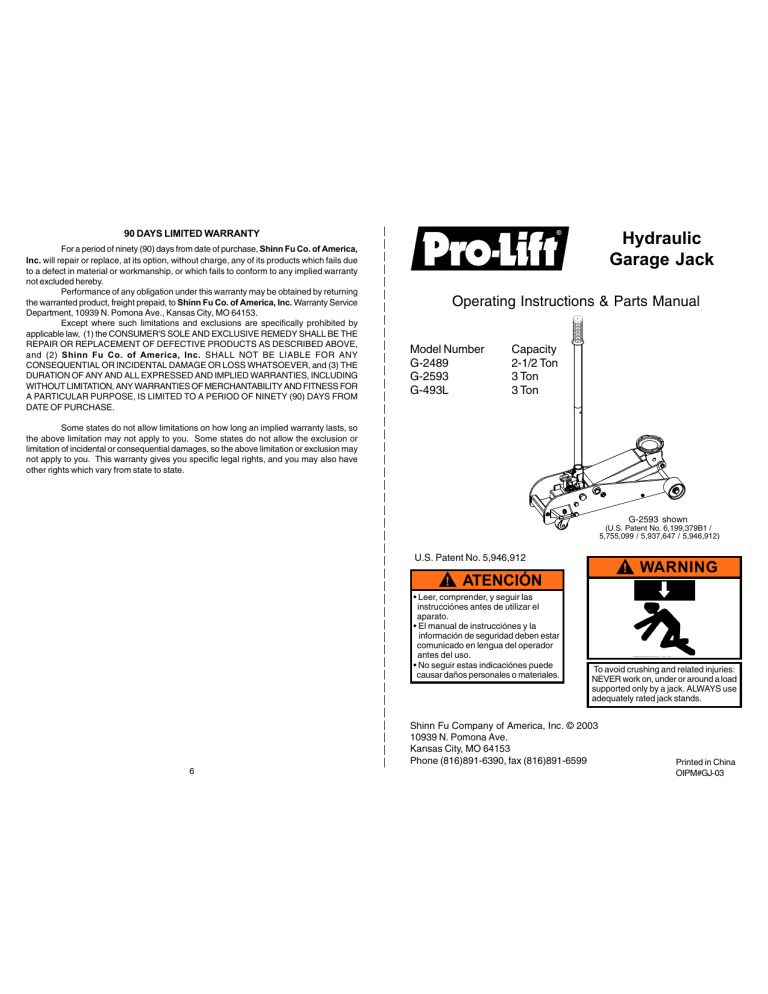 Pro-Lift G-2593, G-493L, G-2489 User manual Pro-Lift G-2593, G-493L, G-2489 User manual