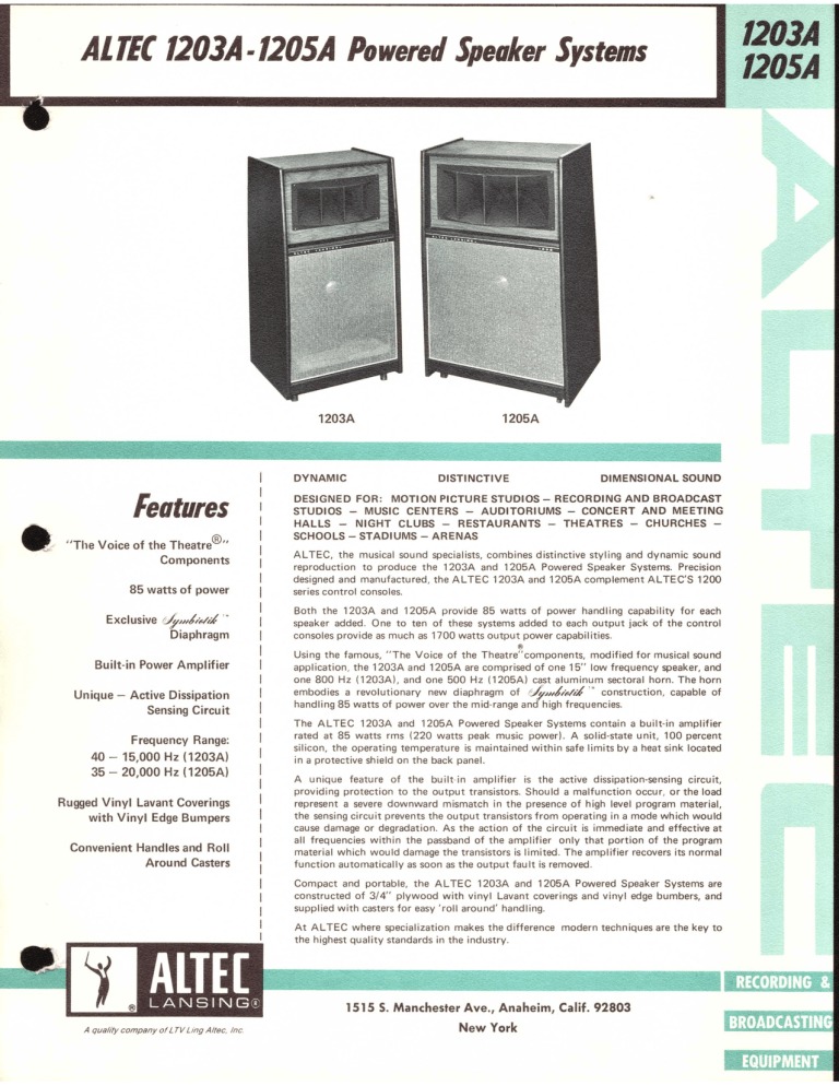 Altec Lansing 1203A SPEAKER SYSTEM, 1205A User manual Altec Lansing 1203A SPEAKER SYSTEM, 1205A User manual