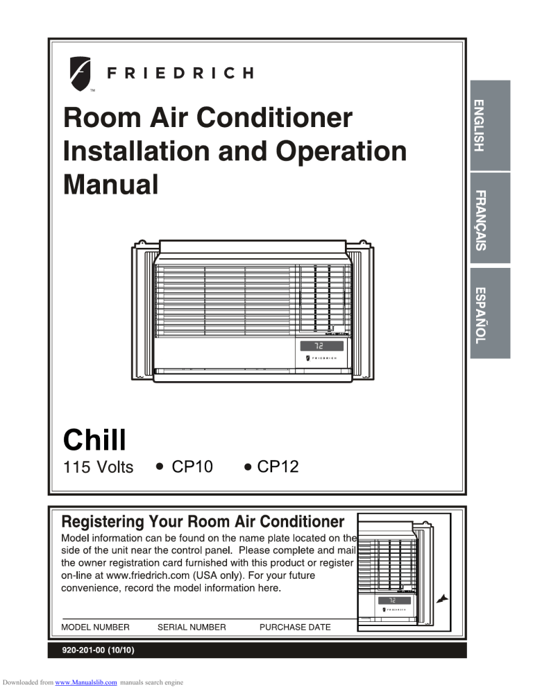 Friedrich CP12G10B, CP10G10A, CP12G10A Owner's manual Friedrich CP12G10B, CP10G10A, CP12G10A Owner's manual