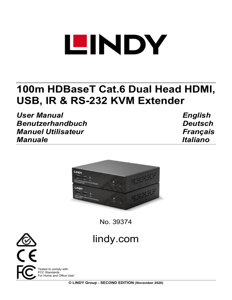 Lindy 100m Cat.6 Dual Head HDMI, USB & RS-232 Extender User manual Lindy 100m Cat.6 Dual Head HDMI, USB & RS-232 Extender User manual