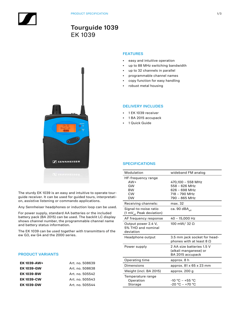 Sennheiser EK 1039 Specification Sennheiser EK 1039 Specification