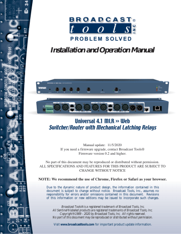 Broadcast Tools Universal 4.1 MLR»Web Web-based RJ45/XLR Switcher Installation and Operation Manual | Manualzz Broadcast Tools Universal 4.1 MLR»Web Web-based RJ45/XLR Switcher Installation and Operation Manual | Manualzz