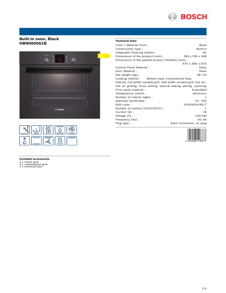 Bosch HBN560561B Specification Bosch HBN560561B Specification