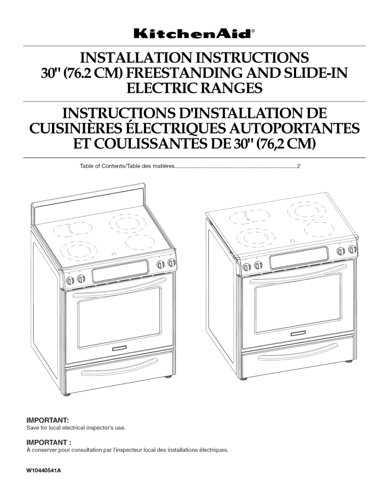 KitchenAid KERS807XSP02, KESS907SSS06 Installation guide KitchenAid KERS807XSP02, KESS907SSS06 Installation guide