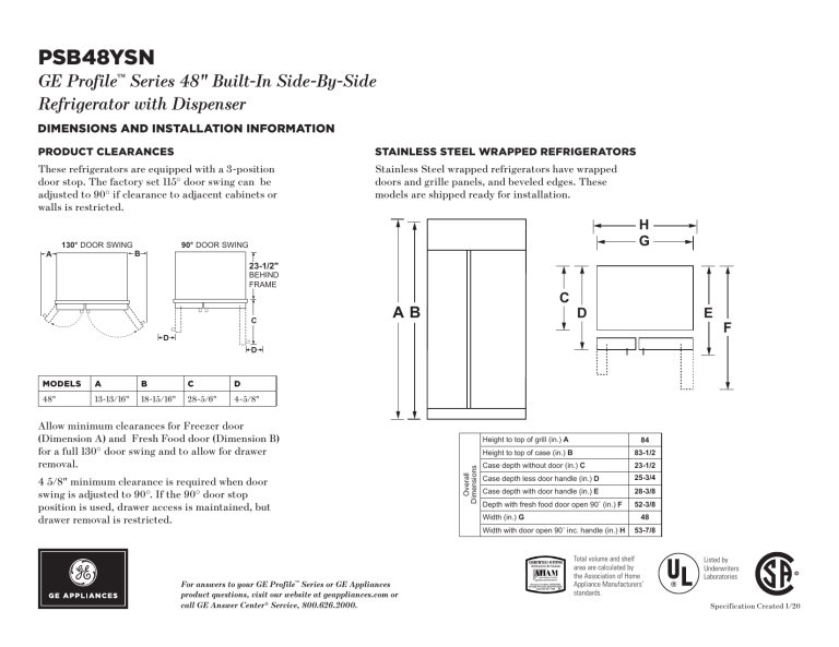 GE Profile PSB48YSNSS Specification GE Profile PSB48YSNSS Specification