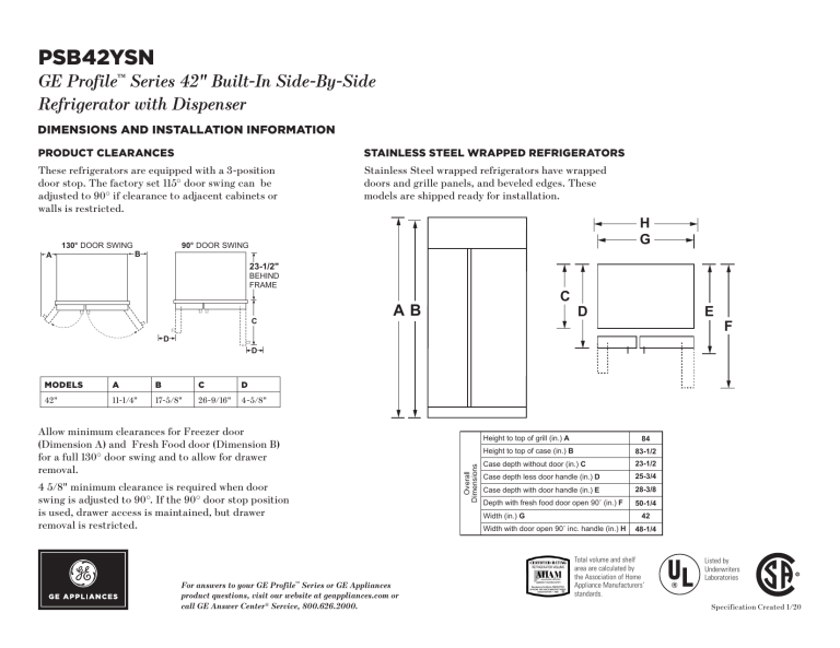 GE Profile PSB42YSNSS Specification GE Profile PSB42YSNSS Specification
