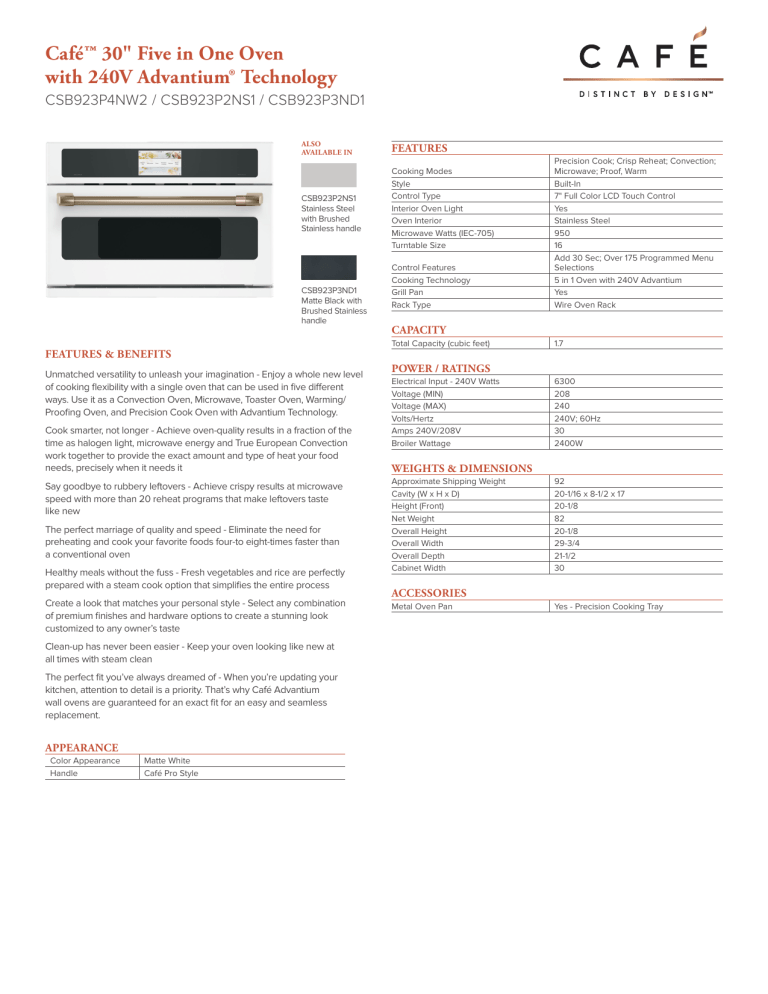 Cafe CSB923P4NW2, CSB923P2NS1, CSB923P3ND1 Specification Cafe CSB923P4NW2, CSB923P2NS1, CSB923P3ND1 Specification