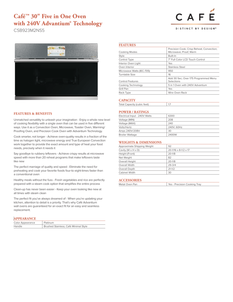 Cafe CSB923M2NS5 Specification Cafe CSB923M2NS5 Specification