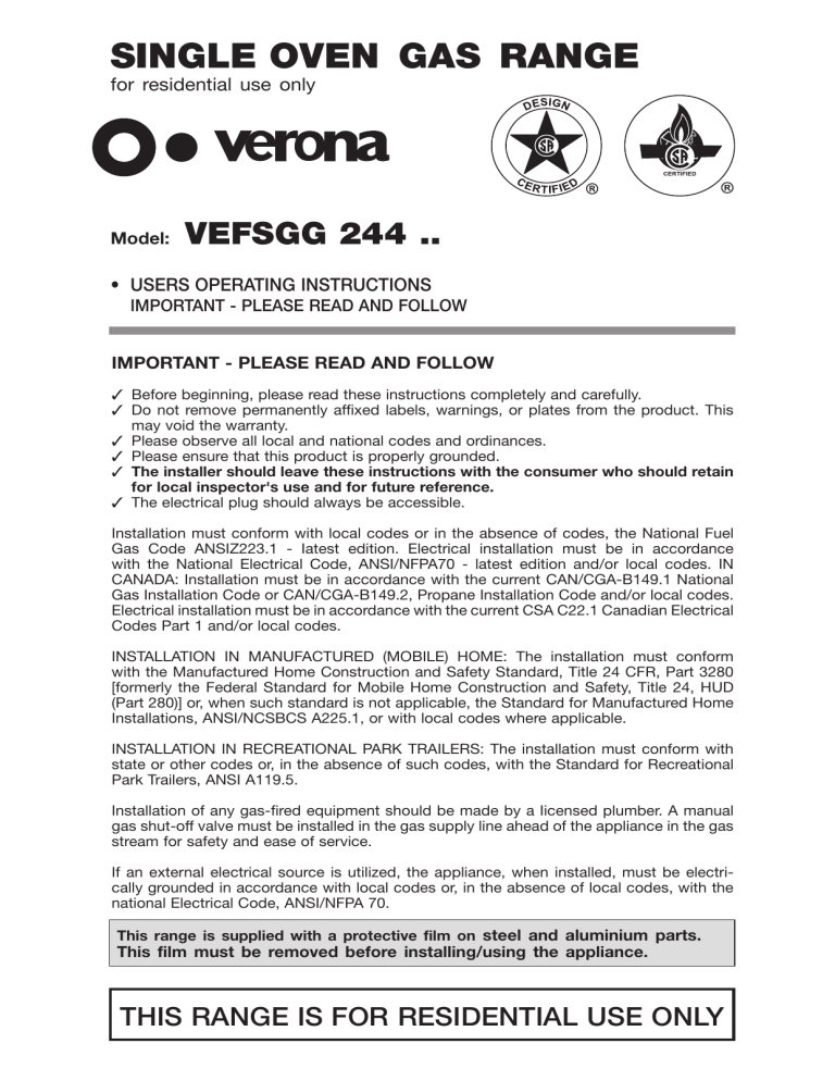 Verona VEFSGG244NW Operating instructions Verona VEFSGG244NW Operating instructions