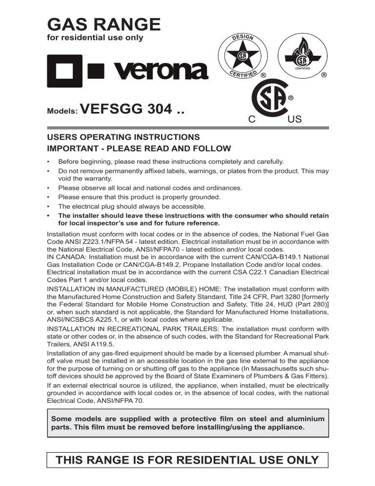 Verona VEFSGG304NSS Operating instructions Verona VEFSGG304NSS Operating instructions