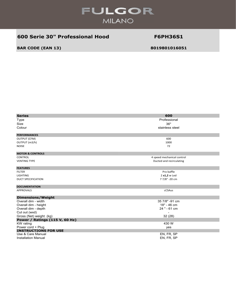 Fulgor Milano F6PH36S1 Specification Fulgor Milano F6PH36S1 Specification