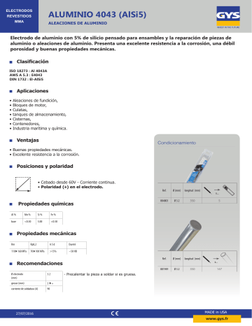 GYS 147 ELECTRODES ALU Ø3,2 - ETUI 2Kg Datasheet GYS 147 ELECTRODES ALU Ø3,2 - ETUI 2Kg Datasheet