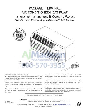 Amana PTH153G25AXXX 14 200 BTU Packaged Terminal Air Conditioner