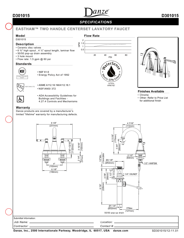 Danze D301015 Specification Danze D301015 Specification