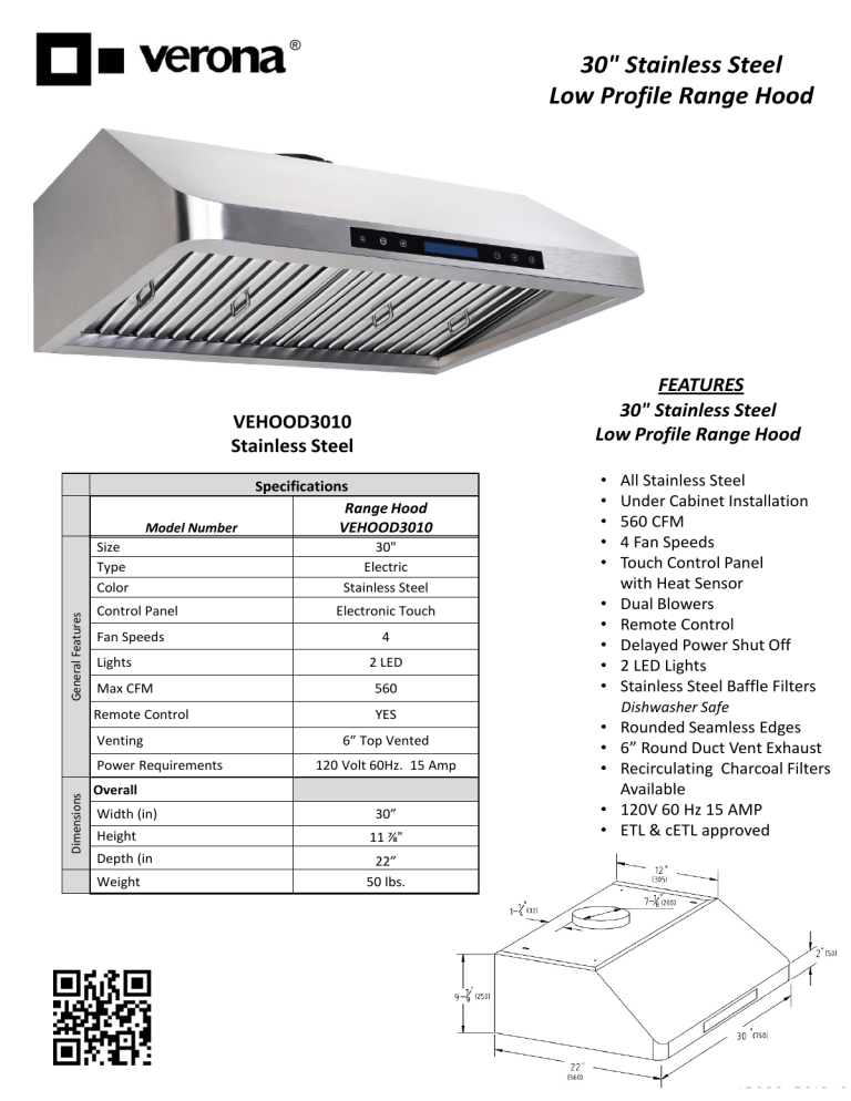 Verona VEHOOD3010 Specification Verona VEHOOD3010 Specification