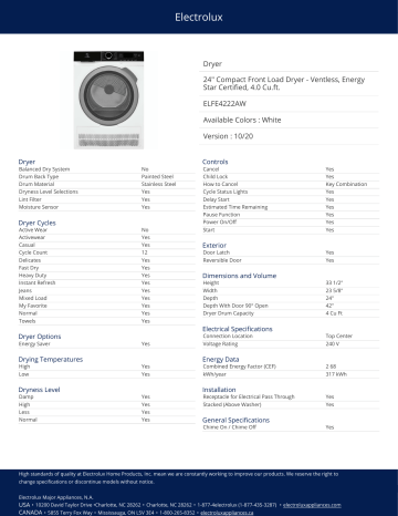 Electrolux ELFE4222AW Specification Electrolux ELFE4222AW Specification