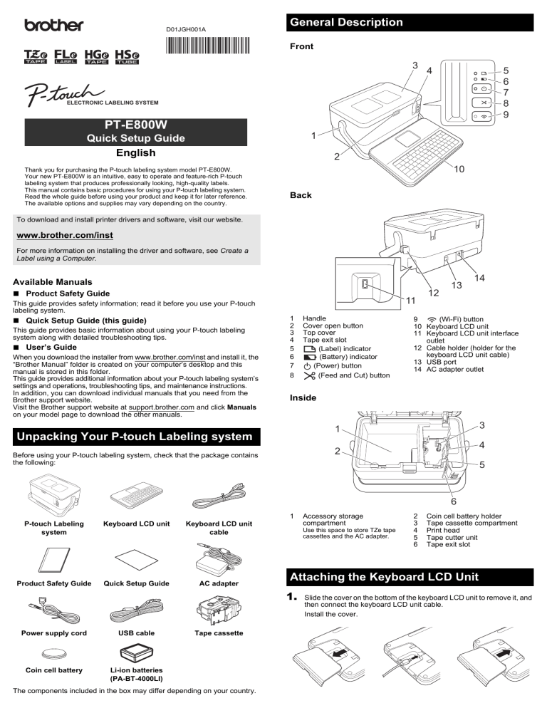 Brother PT-E800W Quick setup guide Brother PT-E800W Quick setup guide