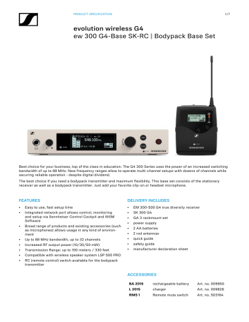 Sennheiser SK 300 G4-RC, EW 300 G4-BASE SK-RC, EM 300-500 G4 Specification Sennheiser SK 300 G4-RC, EW 300 G4-BASE SK-RC, EM 300-500 G4 Specification