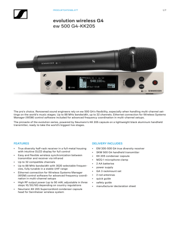 Sennheiser ew 500 G4-KK205, SKM 500 G4, EM 300-500 G4 Specification Sennheiser ew 500 G4-KK205, SKM 500 G4, EM 300-500 G4 Specification