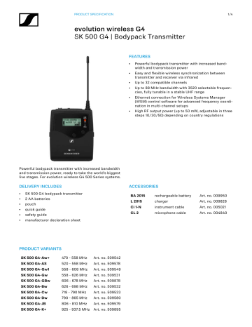 Sennheiser SK 500 G4 Specification Sennheiser SK 500 G4 Specification