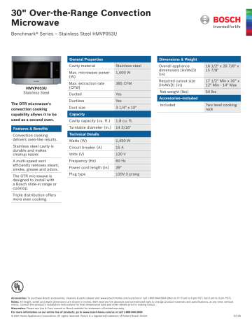 Bosch Benchmark HMVP053U Benchmark Series 30 Inch Over the Range Microwave Oven Spec Sheet | Manualzz Bosch Benchmark HMVP053U Benchmark Series 30 Inch Over the Range Microwave Oven Spec Sheet | Manualzz
