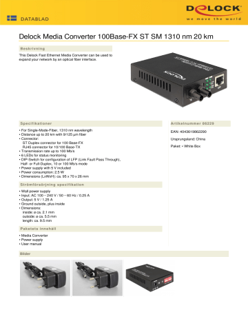 Delock 86229 Media Converter 100Base-FX ST SM 1310 nm 20 km Data Sheet | Manualzz Delock 86229 Media Converter 100Base-FX ST SM 1310 nm 20 km Data Sheet | Manualzz