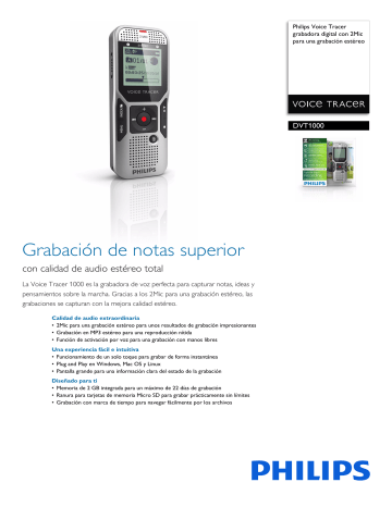 Philips DVT1000/00 Voice Tracer grabadora digital Hoja de datos del producto | Manualzz
