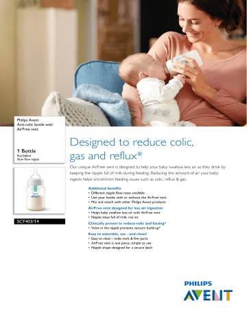 Avent SCF403/14 Avent Anti-colic bottle with AirFree vent Product Datasheet | Manualzz Avent SCF403/14 Avent Anti-colic bottle with AirFree vent Product Datasheet | Manualzz